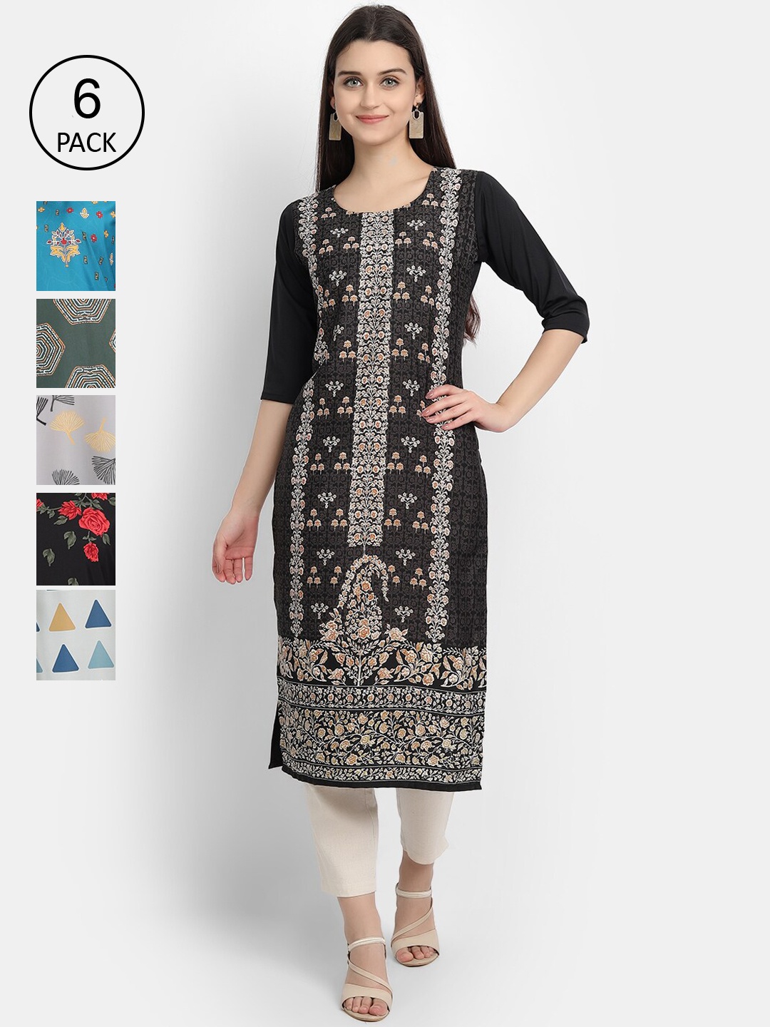 

7Threads Women Pack Of 6 Ethnic Motifs Printed Crepe Kurta, Multi