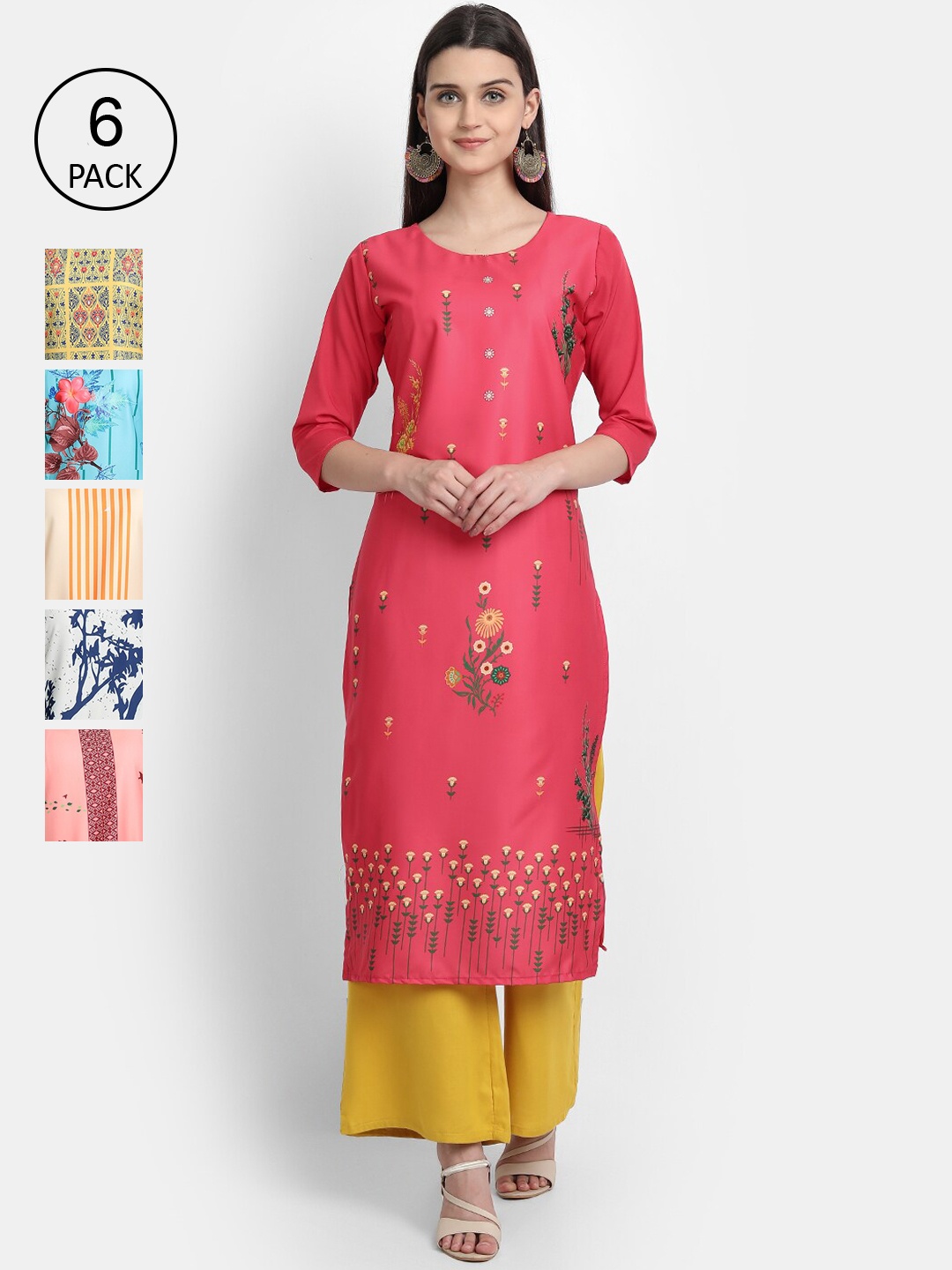 

7Threads Women Pack of 6 Multicoloured Ethnic Motifs Printed Kurta, Multi