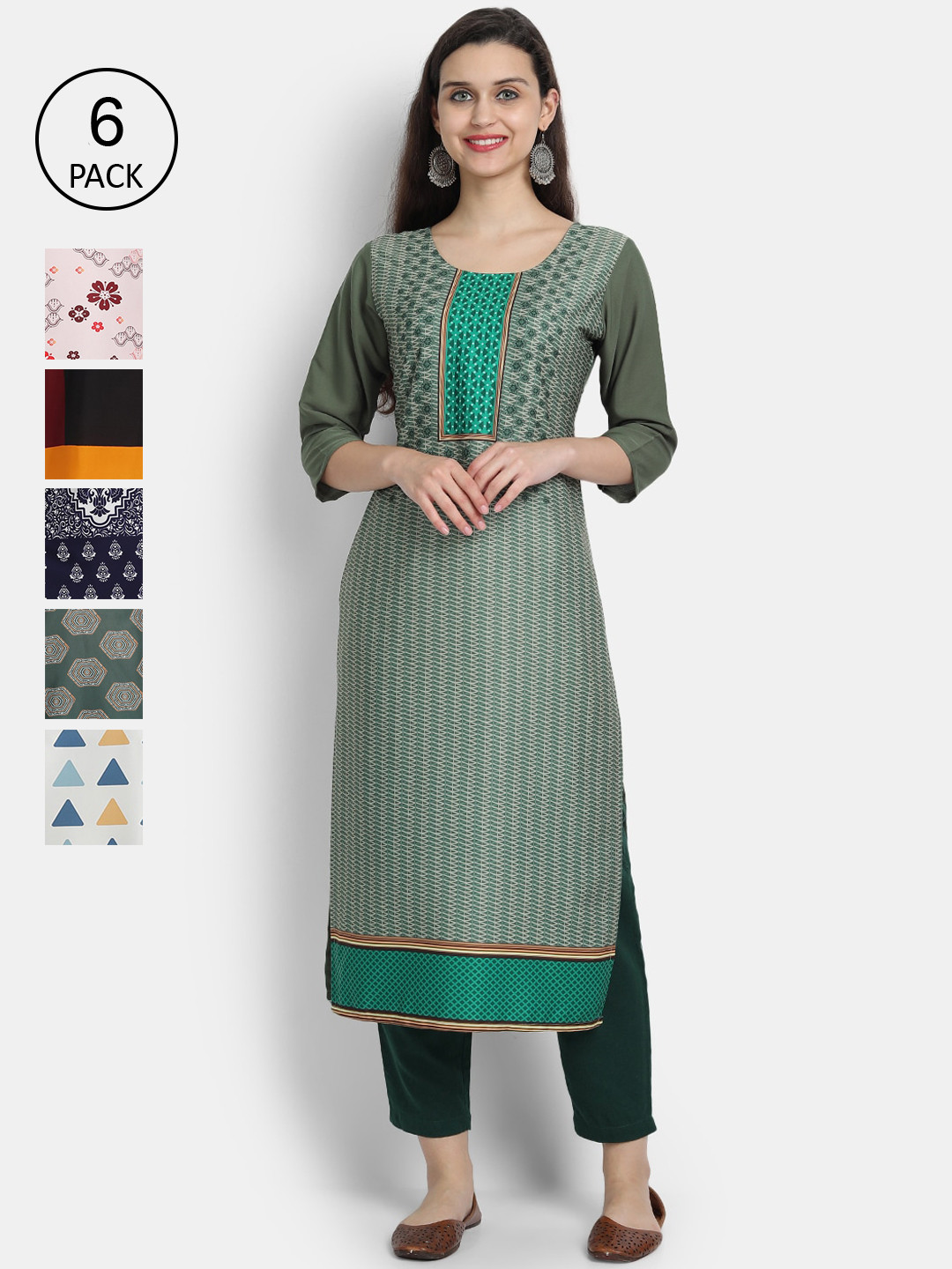 

7Threads Women Pack of 6 Multicoloured Printed Crepe Straight Kurta, Multi
