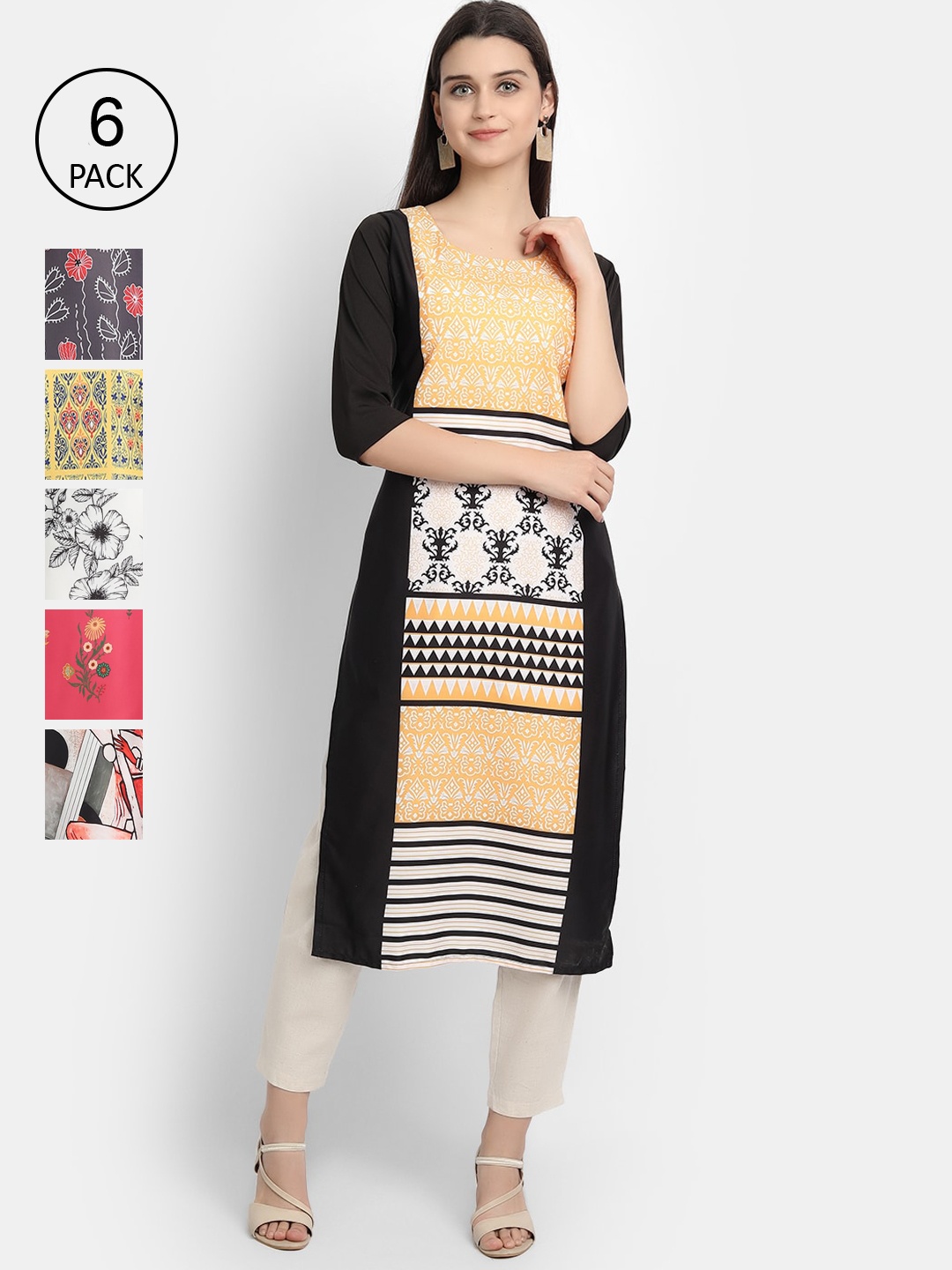 

7Threads Women Pack of 6 Ethnic Motifs Printed Crepe Kurta, Multi
