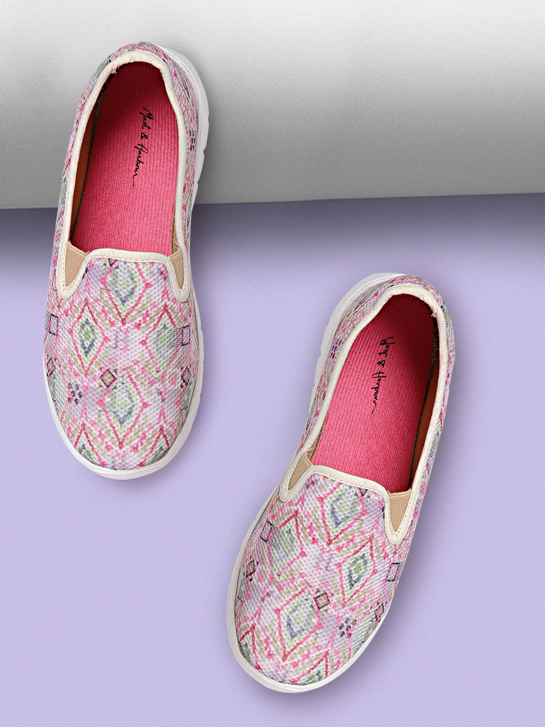 

Mast & Harbour Women Pink & Green Geometric Print Slip-On Sneakers
