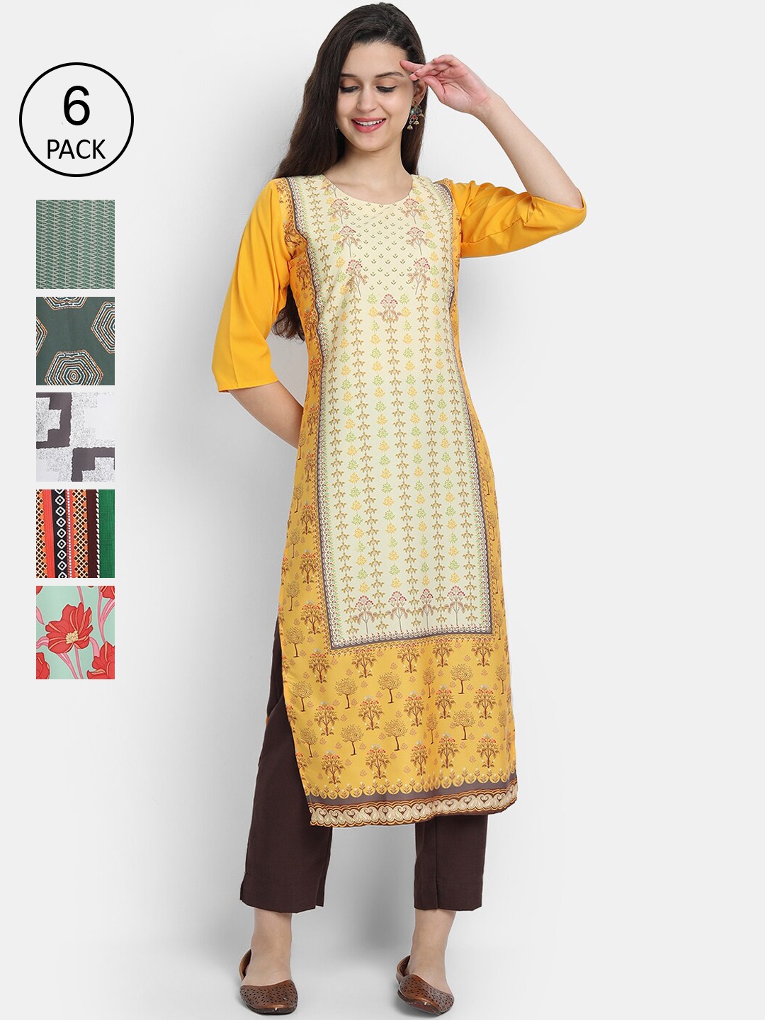 

7Threads Women Pack Of 6 Printed Crepe Kurta, Yellow