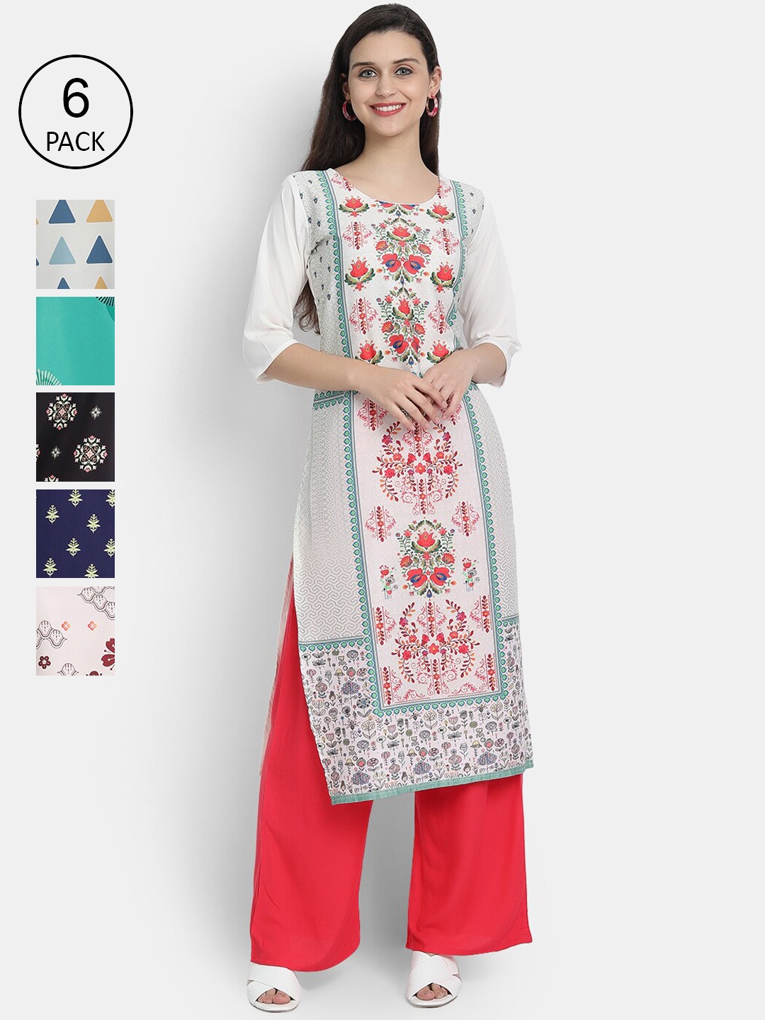 

7Threads Women Pack Of 6 Ethnic Motifs Printed Crepe Kurtas, Multi