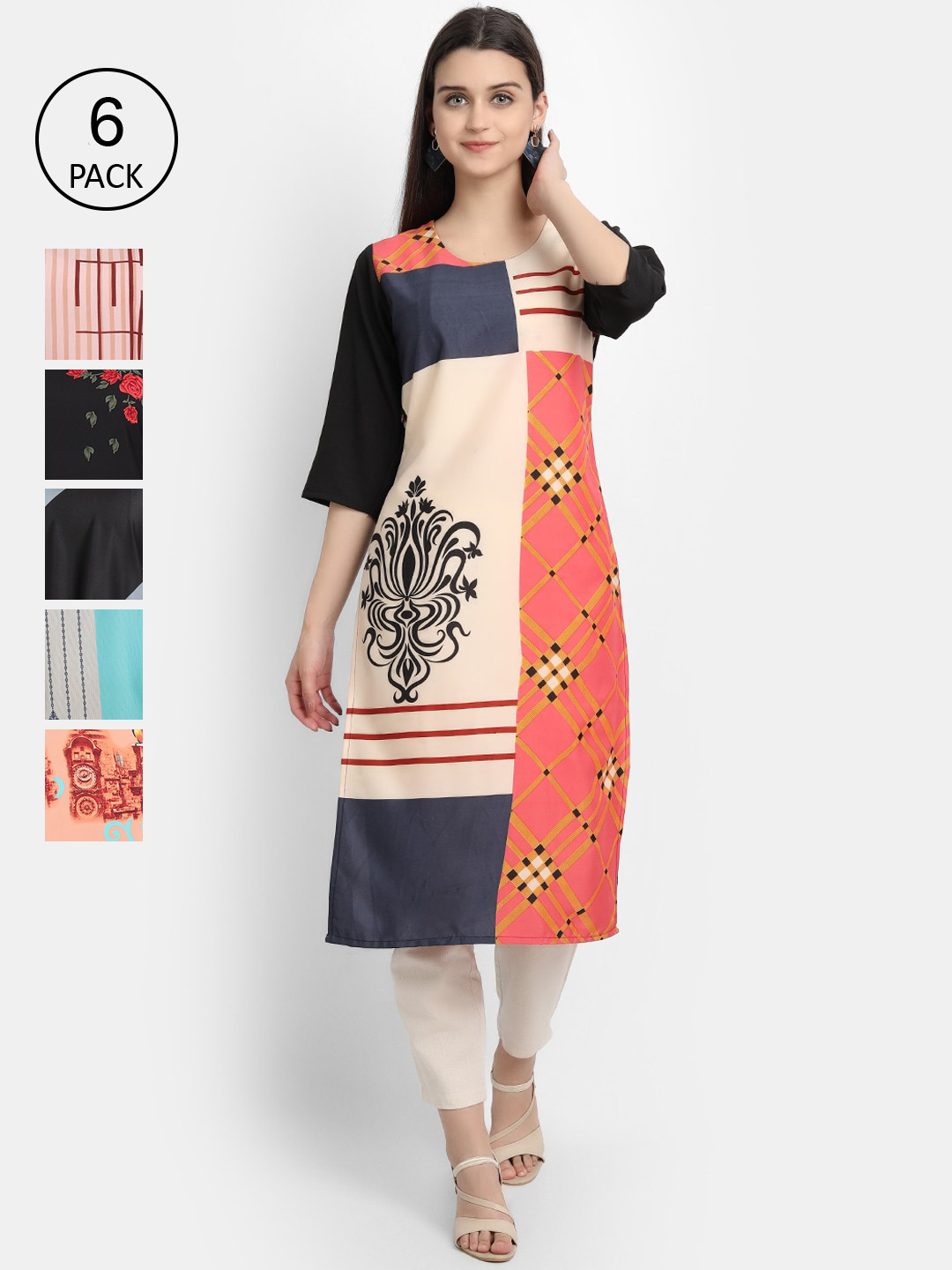 

7Threads Women Multicoloured Geometric Printed Flared Sleeves Thread Work Crepe Kurta, Multi