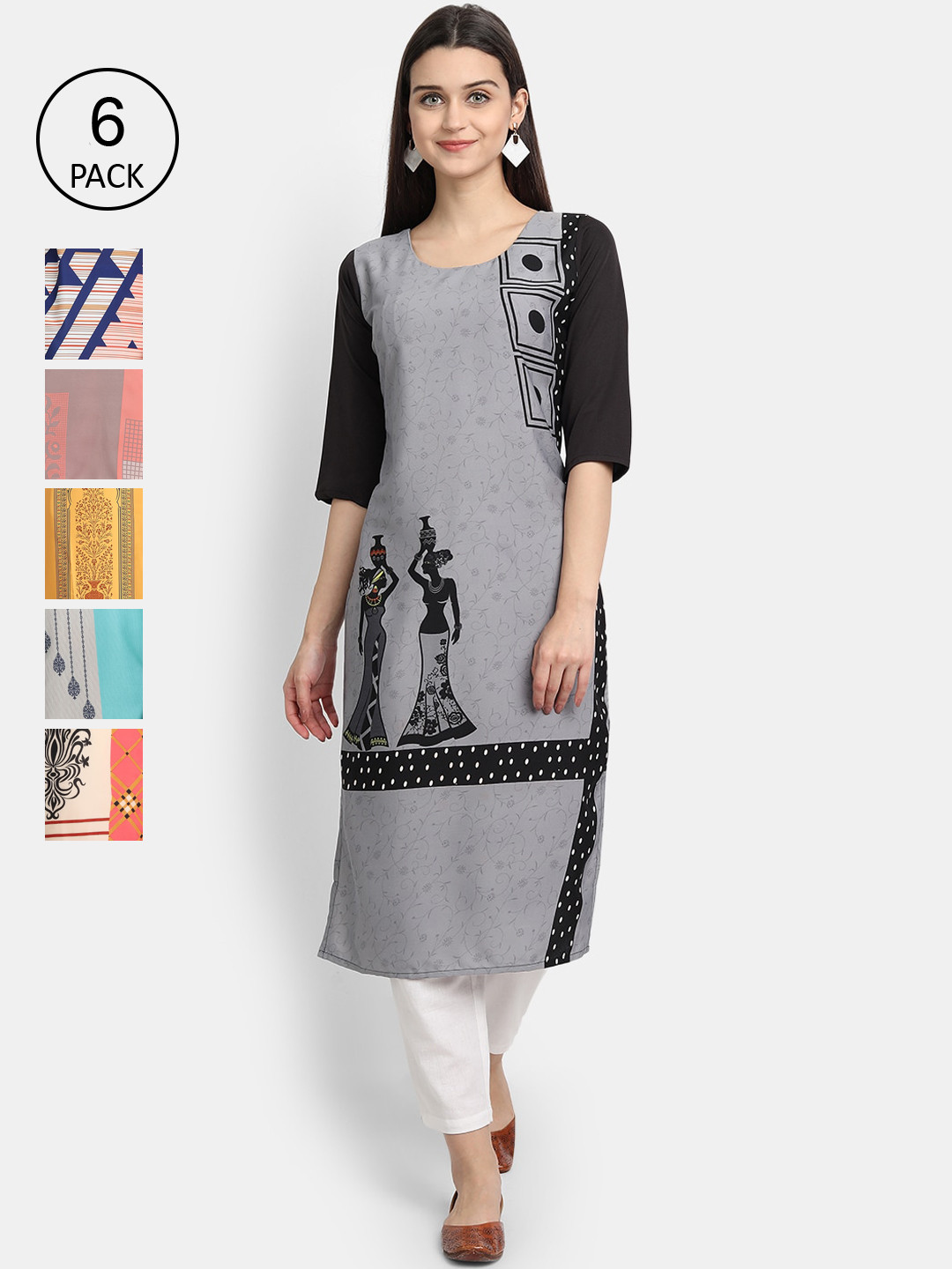 

7Threads Women Pack of 6 Printed Crepe Kurtas, Grey