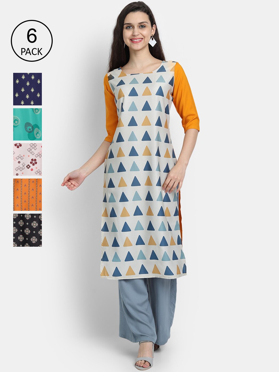 7Threads Women Pack Of 6 Multi Geometric Printed Straight Kurta