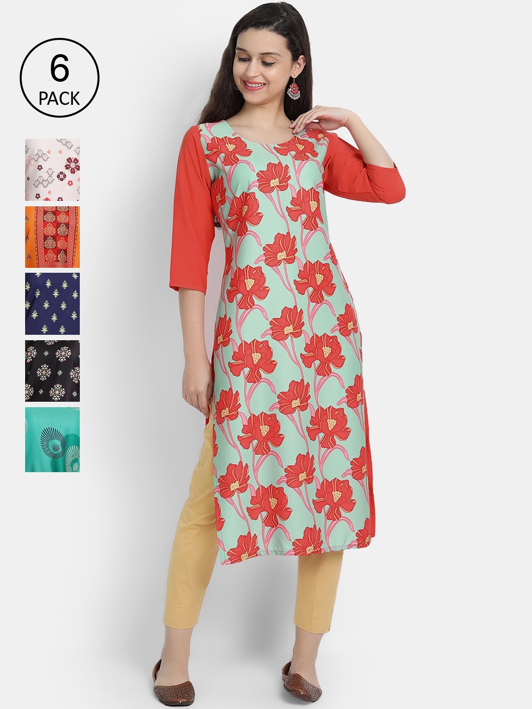 

7Threads Woman Pack of 6 Multicoloured Floral Printed Crepe Kurta, Multi