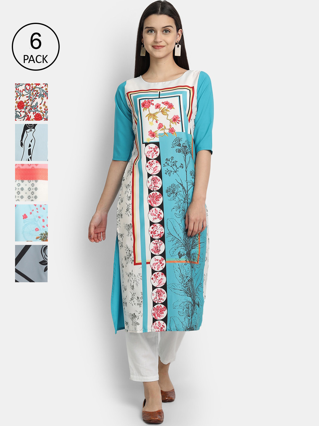 

7Threads Women Pack Of 6 Printed Crepe Kurta, Blue