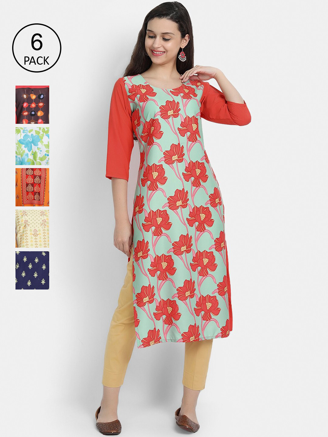 

7Threads Women Multicoloured Floral Printed Pack of 6 Mirror Work Crepe Kurta, Multi