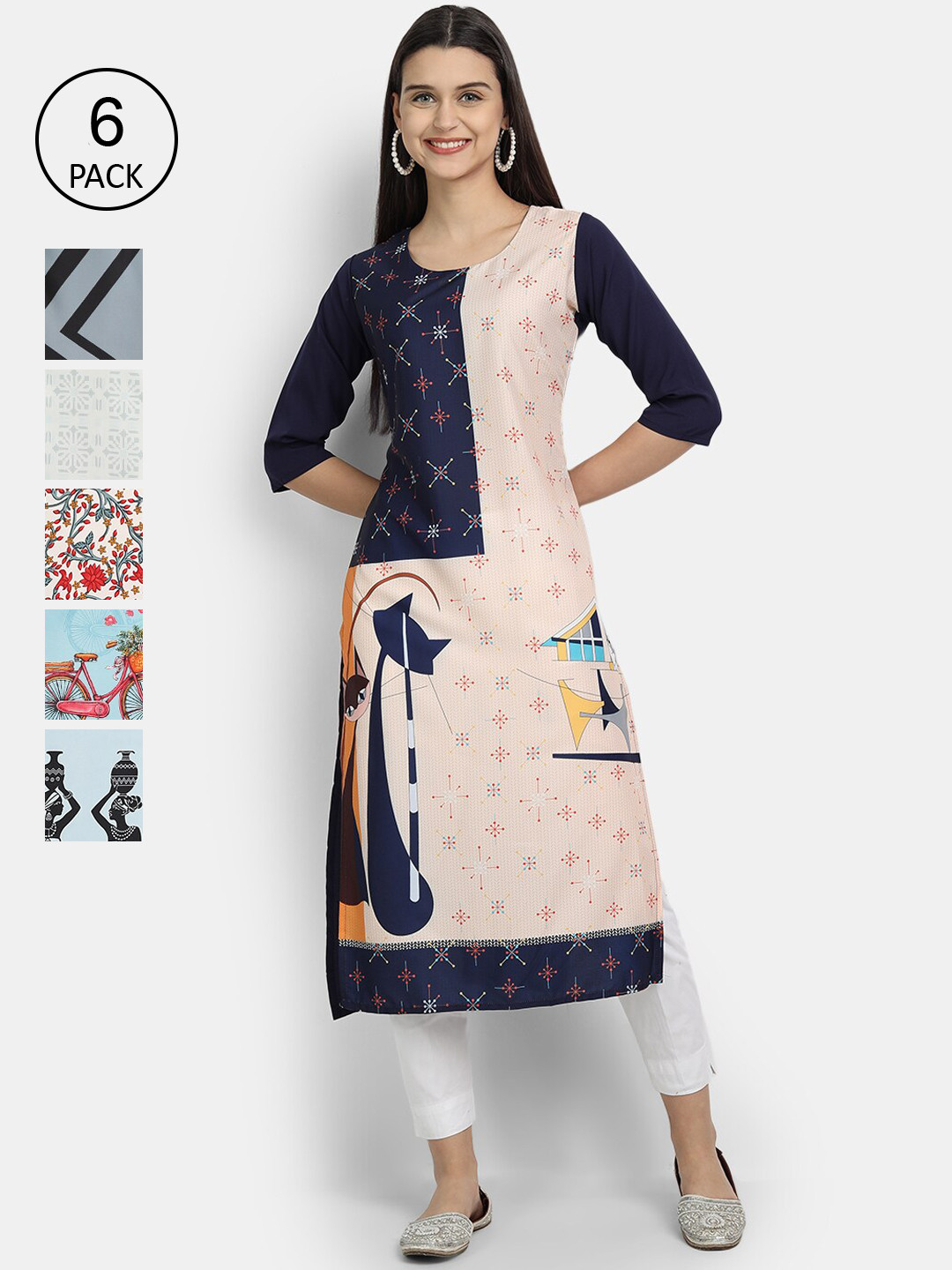 

7Threads Women Pack of 6 Printed Crepe Kurtas, Blue