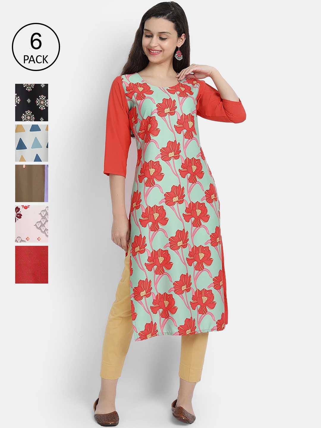 

7Threads Woman Pack of 6 Multicoloured Floral Printed Crepe Kurta, Multi