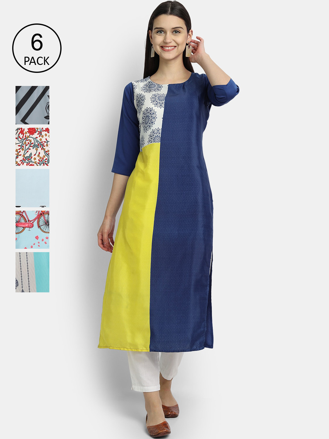 

7Threads Women Pack Of 6 Printed Crepe Kurta, Blue