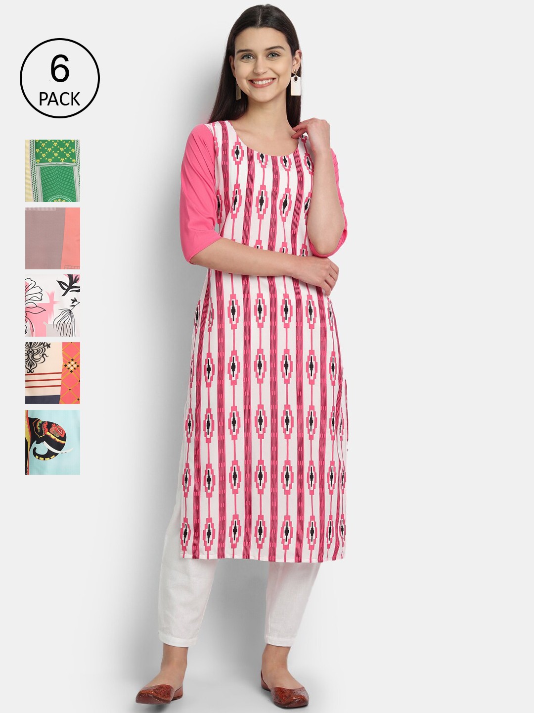 

7Threads Women Pack of 6 Multicoloured Printed Crepe Straight Kurta, Multi
