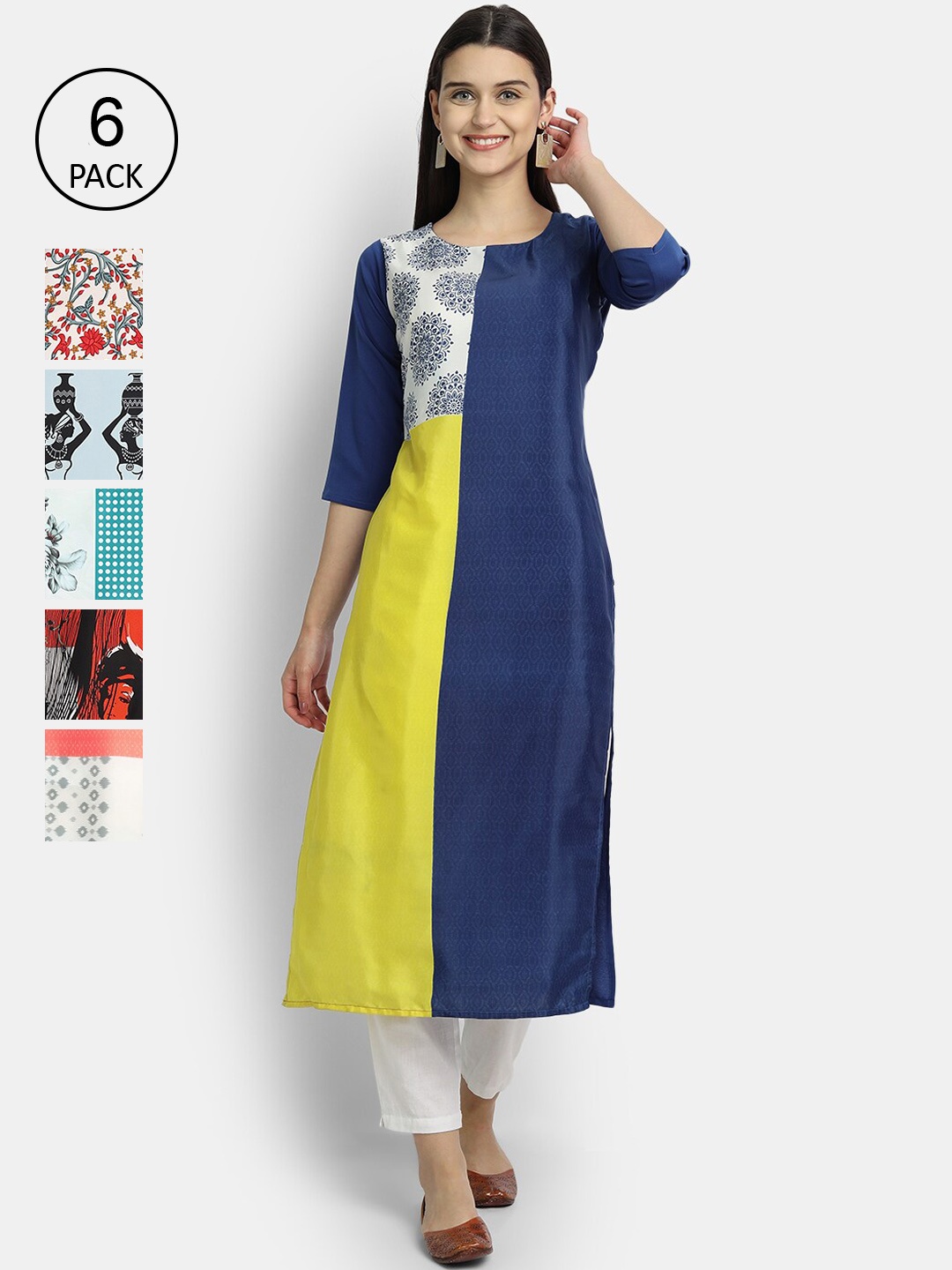 

7Threads Women Pack of 6 Multicoloured Printed Crepe Straight Kurta, Multi
