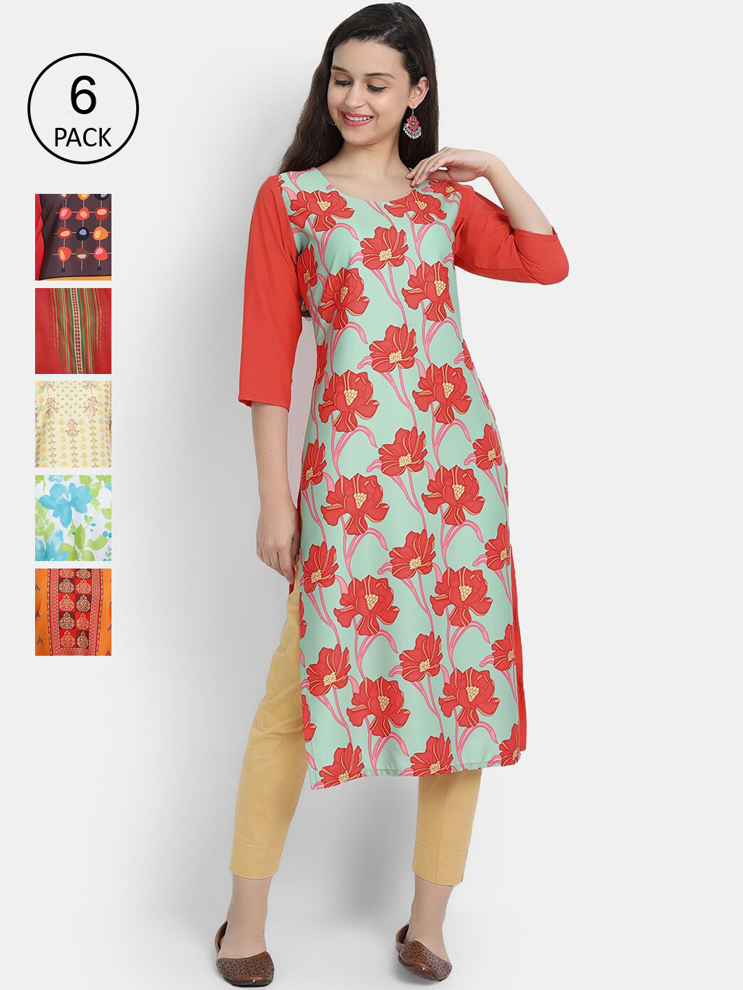 

7Threads Women Pack of 6 Multicoloured Printed Crepe Straight Kurta, Multi