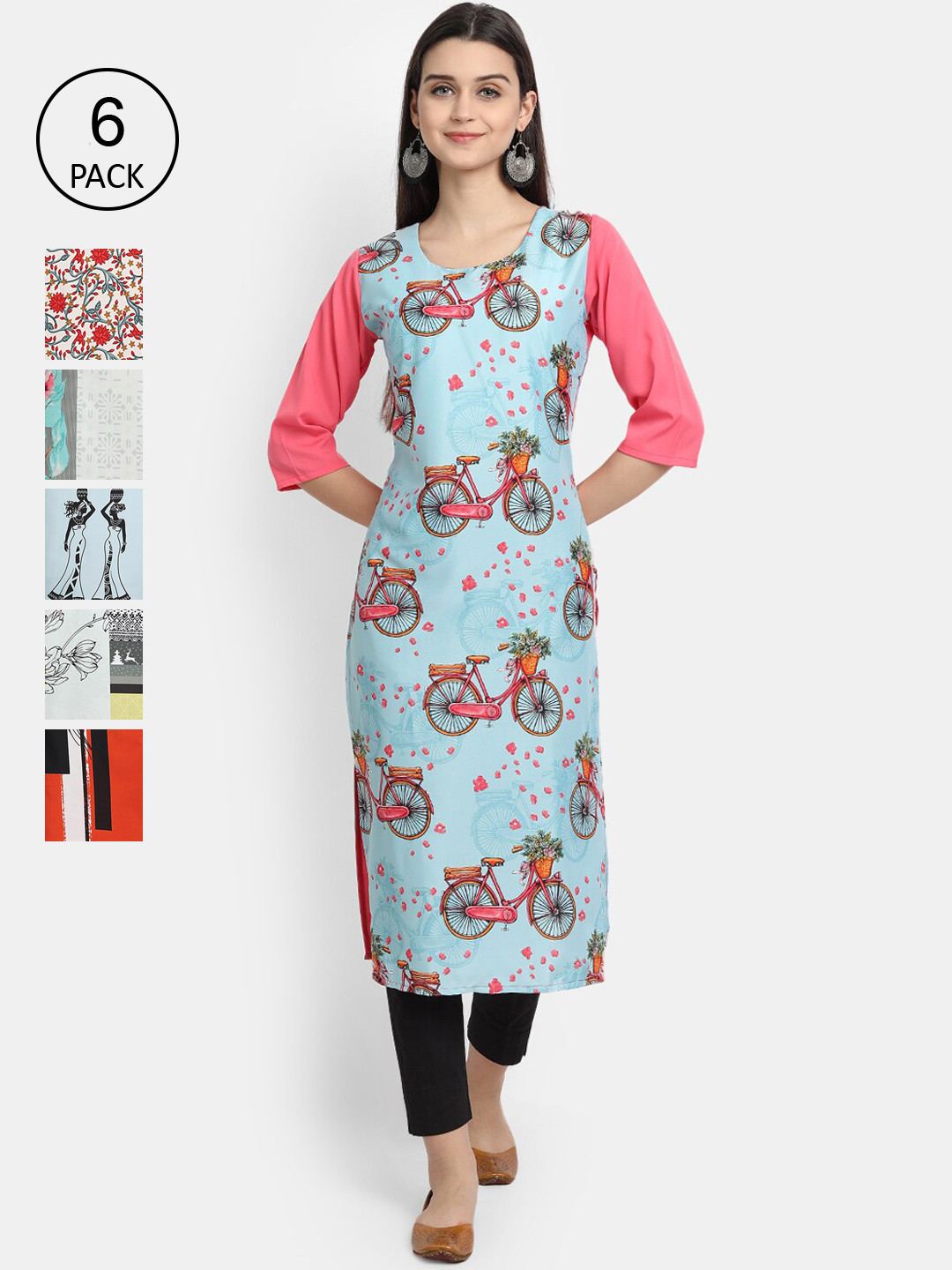 

7Threads Women Pack of 6 Multicoloured Printed Crepe Straight Kurta, Multi