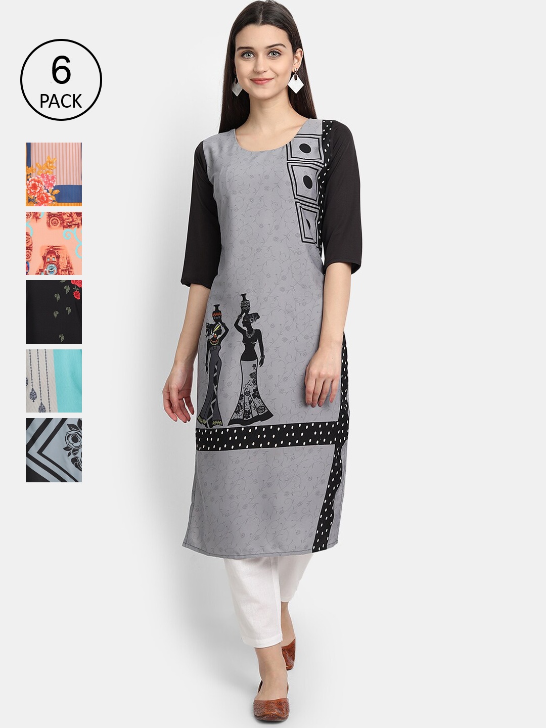 

7Threads Women Pack of 6 Multicoloured Printed Crepe Straight Kurta, Multi