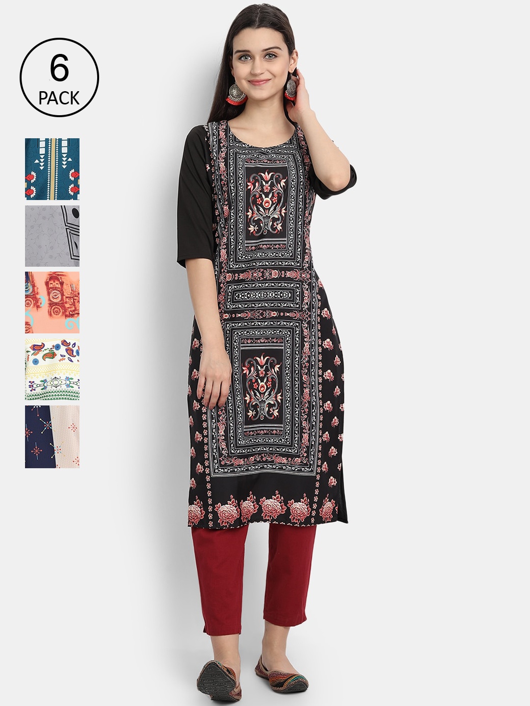 

7Threads Women Pack of 6 Multicoloured Printed Crepe Straight Kurta, Multi