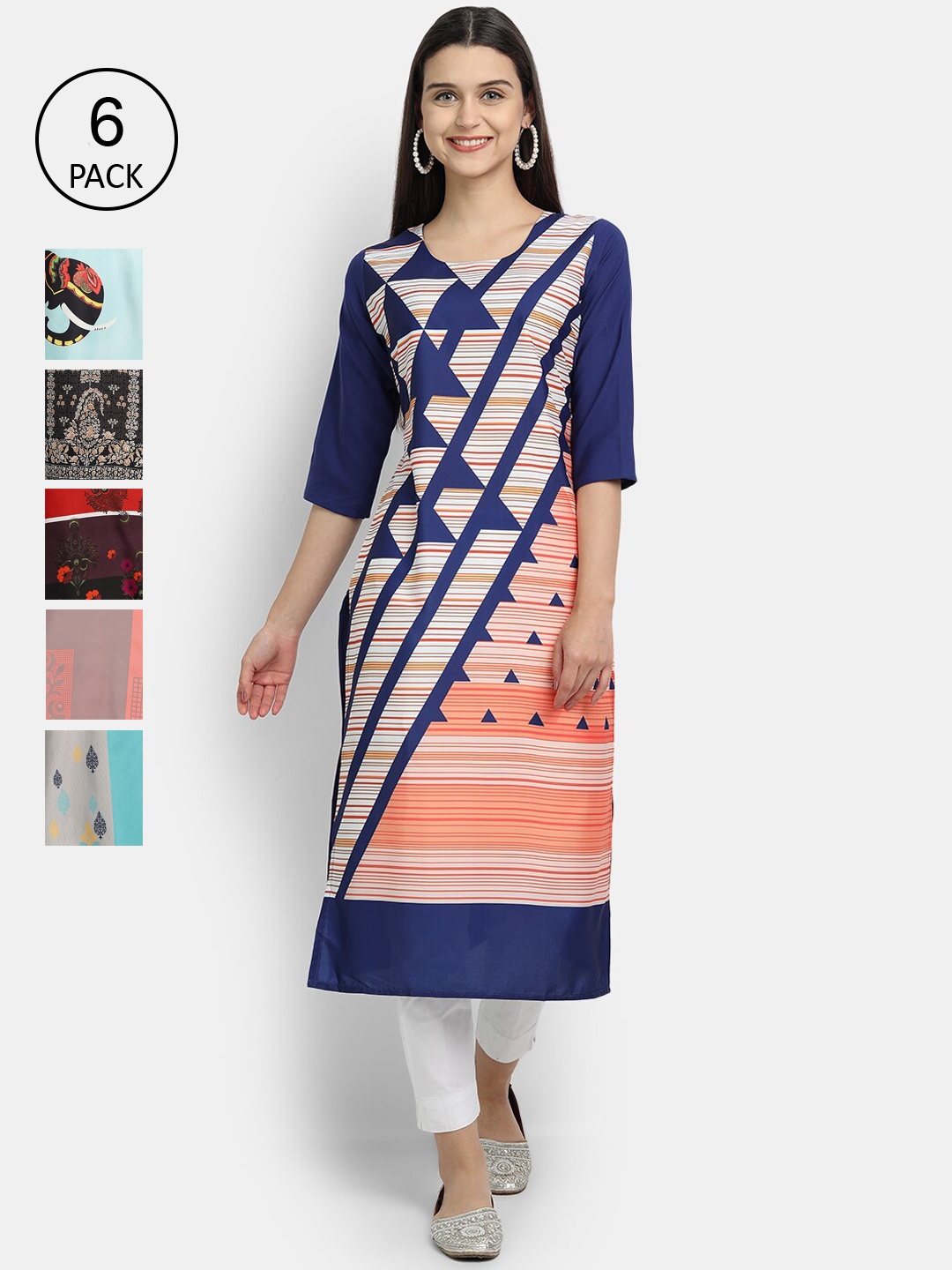 

7Threads Women Pack Of 6 Ethnic Motifs Printed Thread Work Crepe Kurtas, Multi