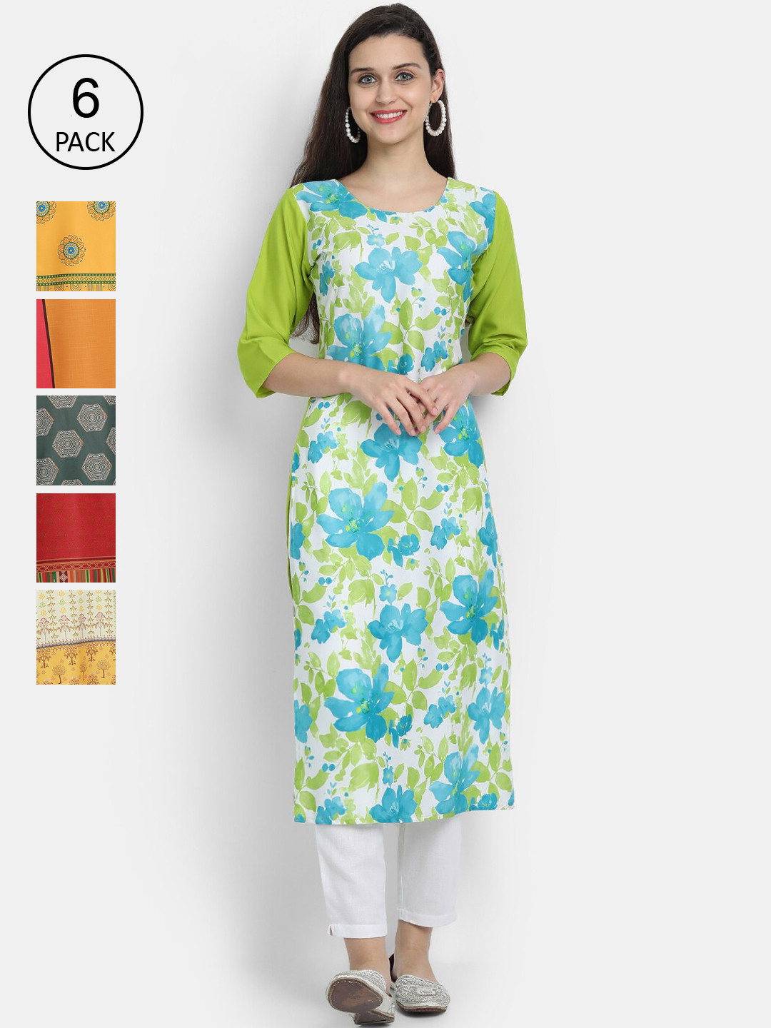 

7Threads Women Pack Of 6 Multicoloured Ethnic Motifs Printed Thread Work Crepe Kurta, Multi