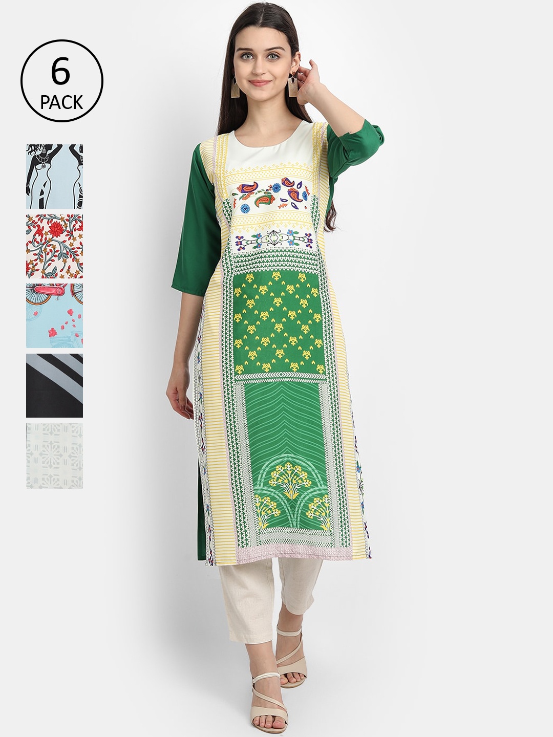 

7Threads Women Pack of 6 Printed Crepe Kurtas, Blue