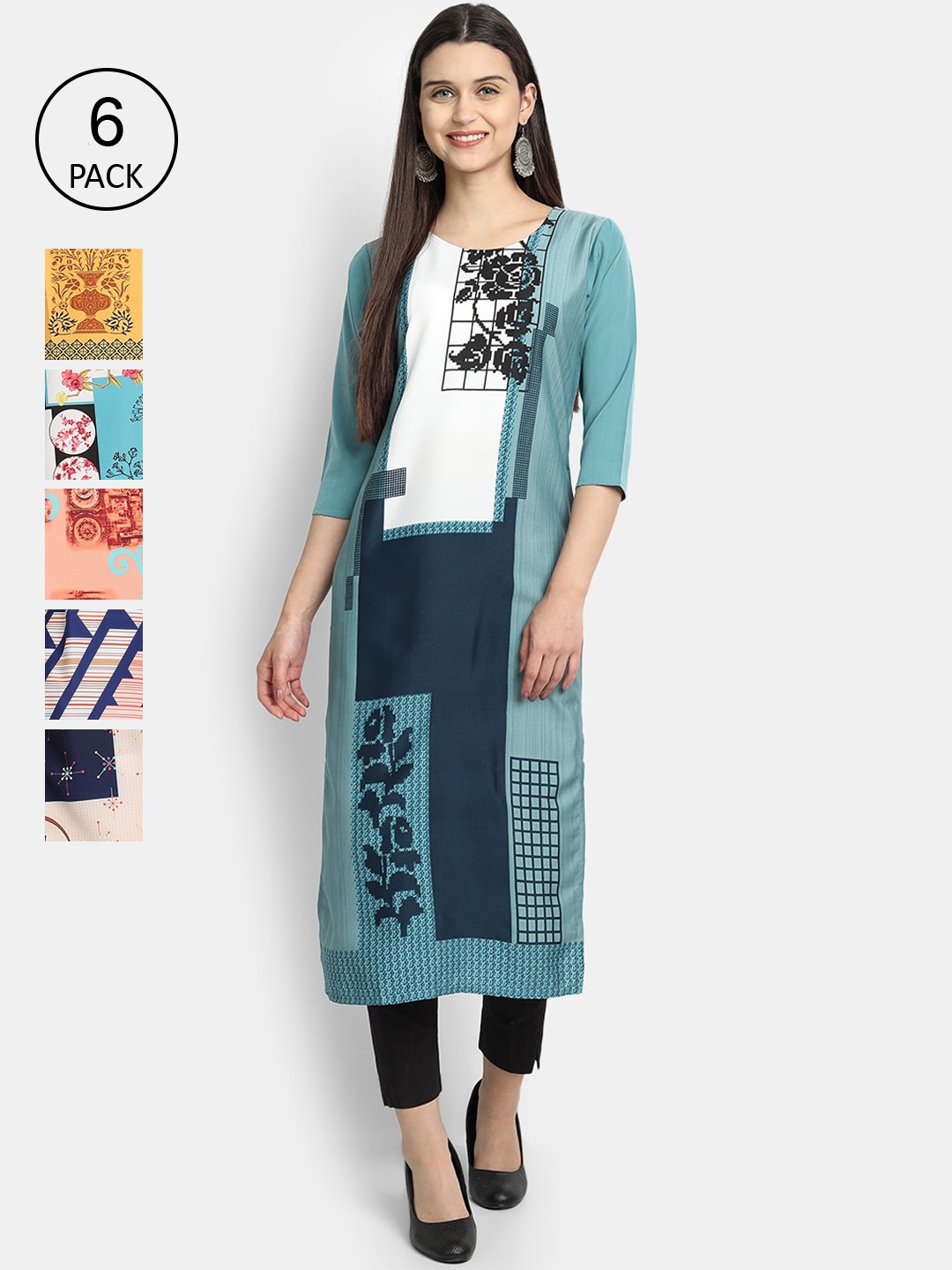 

7Threads Woman Pack of 6 Multicoloured Ethnic Motifs Printed Crepe Kurta, Multi