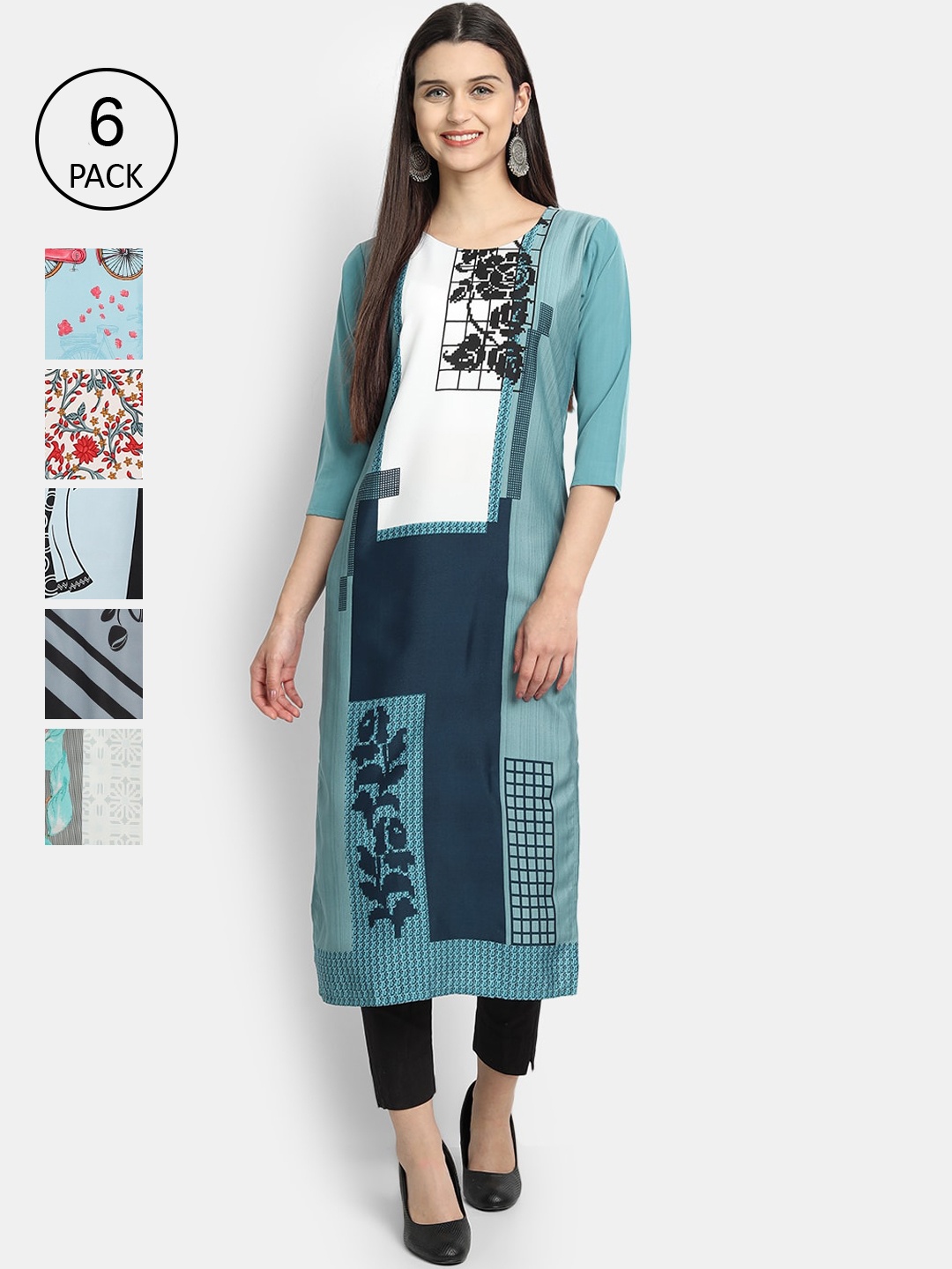 

7Threads Women Pack Of 6 Printed Crepe Kurta, Green