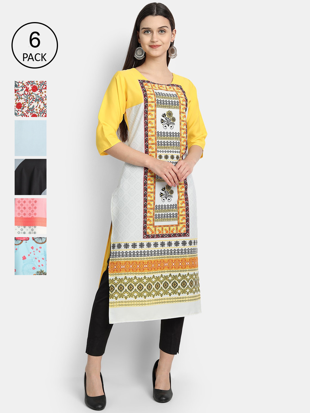 

7Threads Women Pack Of 6 Ethnic Motifs Printed Crepe Kurtas, Multi