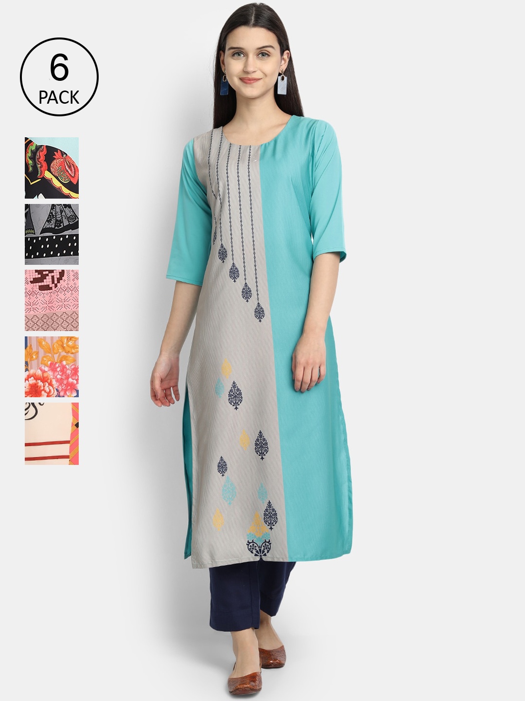 

7Threads Women Multicoloured Pack of 6 Embroidered Thread Work Crepe Kurta, Multi