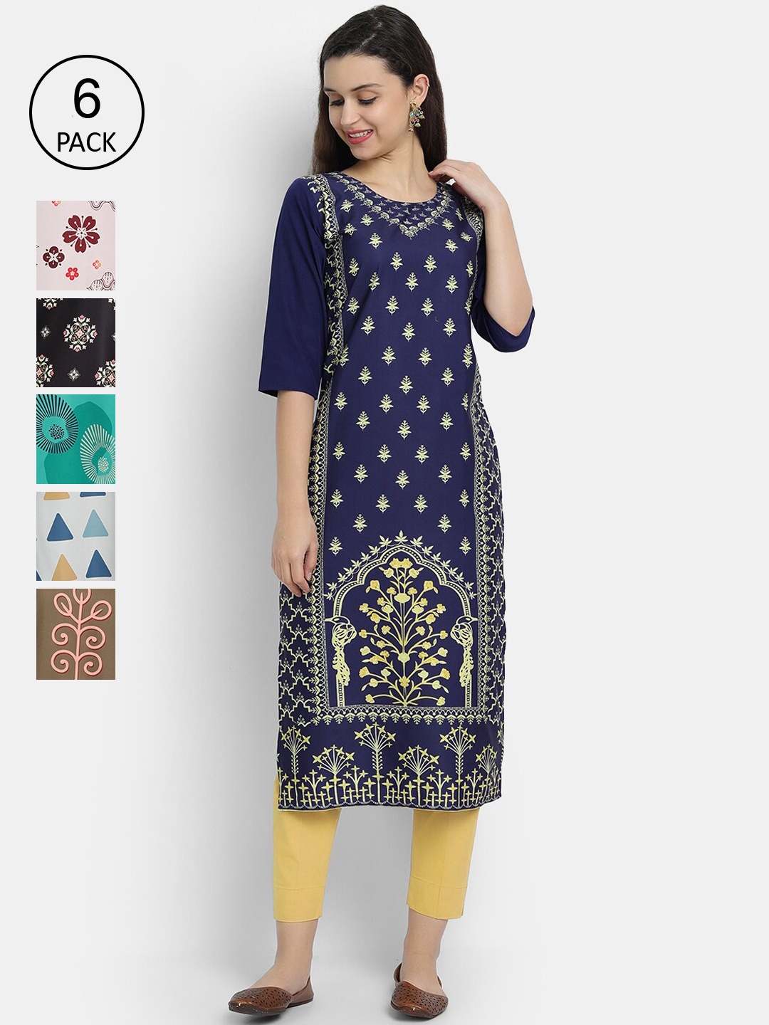 

7Threads Women Pack of 6 Printed Crepe Kurtas, Navy blue