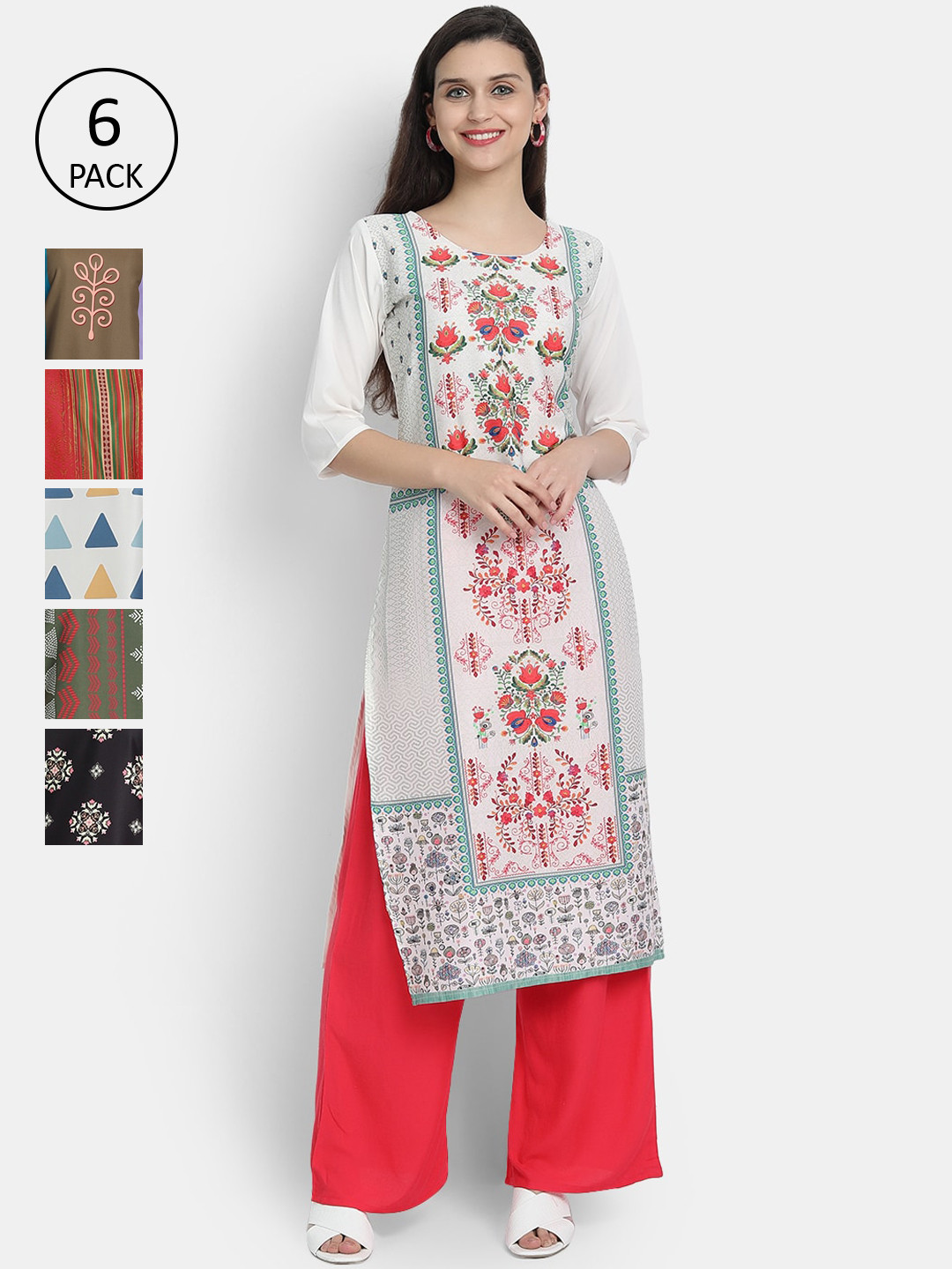 

7Threads Women Pack Of 6 Printed Crepe Kurta, White
