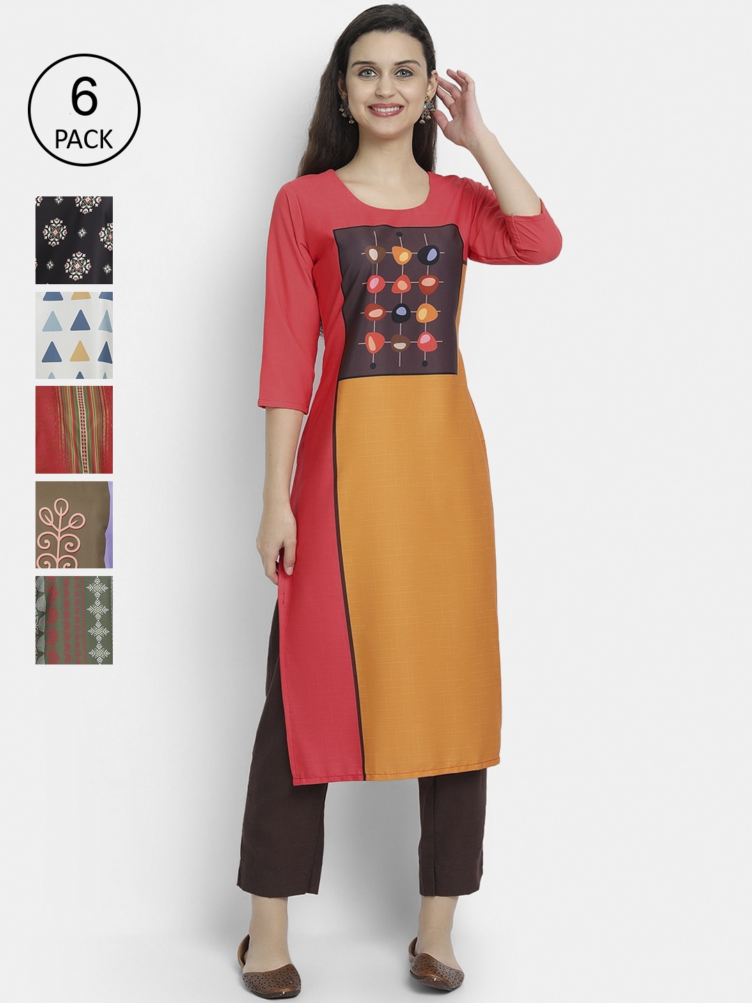 

7Threads Women Pack Of 6 Ethnic Motifs Printed Crepe Kurtas, Multi