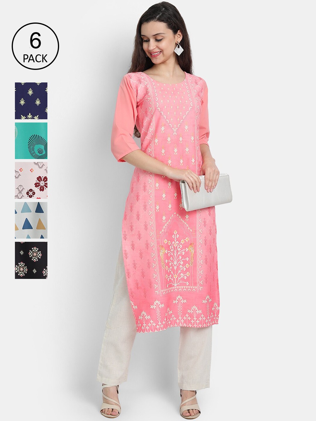 

7Threads Women Pack of 6 Printed Crepe Kurtas, Blue