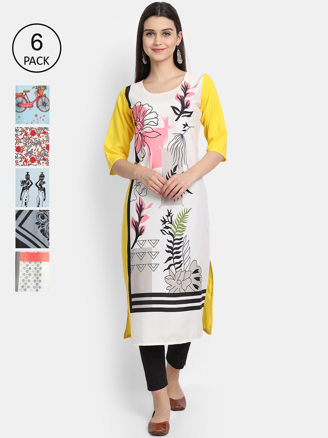 

7Threads Woman Pack of 6 Multicoloured Floral Printed Crepe Kurta, Multi