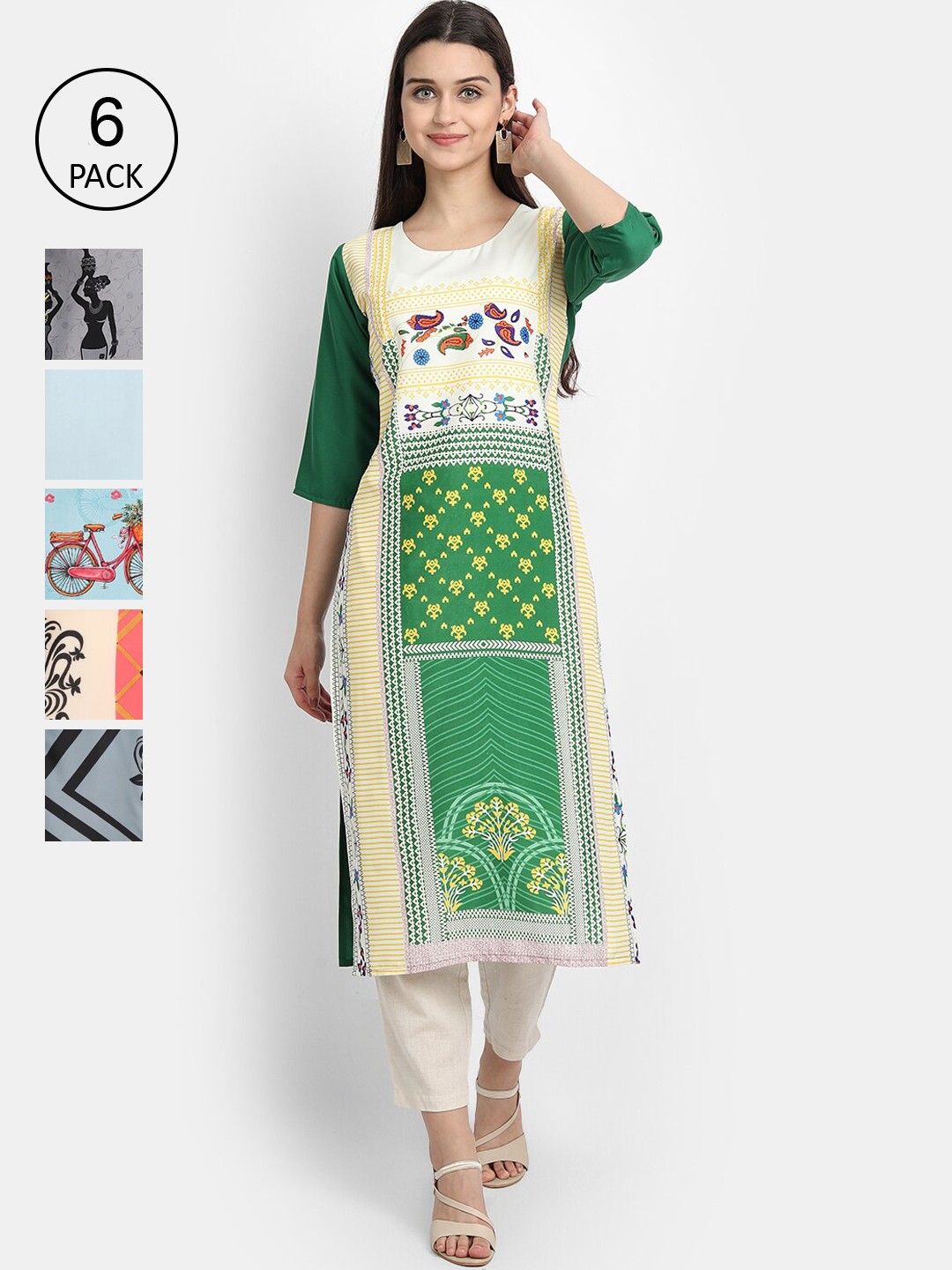

7Threads Women Pack Of 6 Printed Crepe Kurta, Green