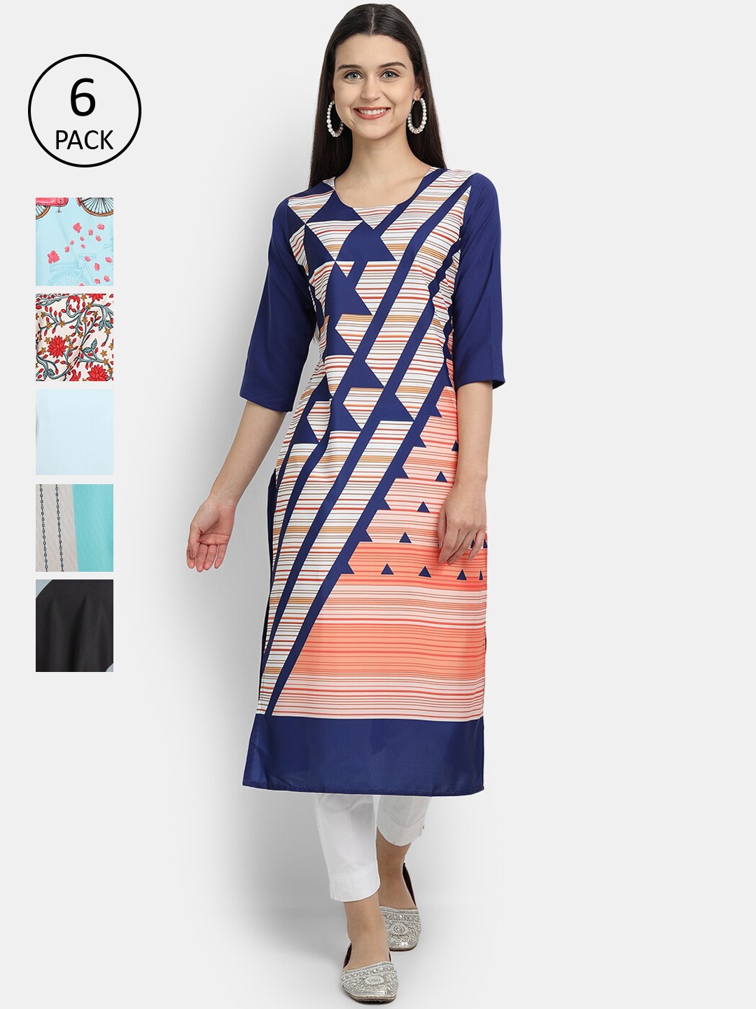 

7Threads Women Multicoloured & twilight blue Geometric Printed Thread Work Crepe Kurta, Multi