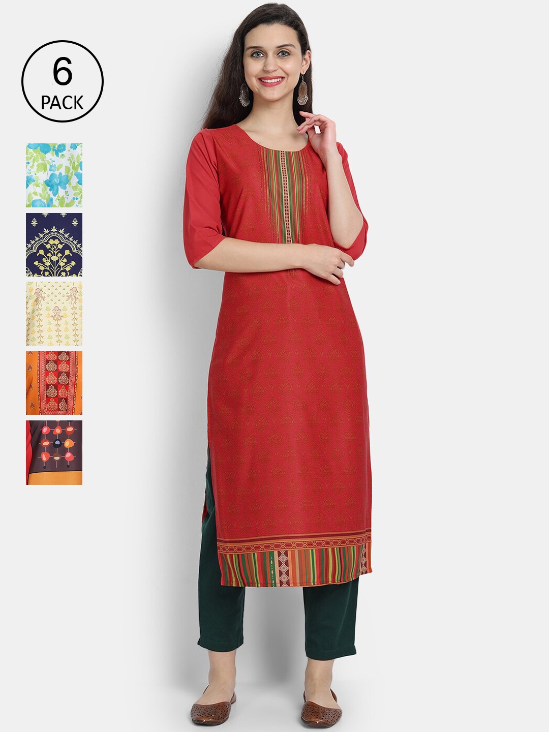 

7Threads Women Pack of 6 Multicoloured Printed Straight Kurta, Multi