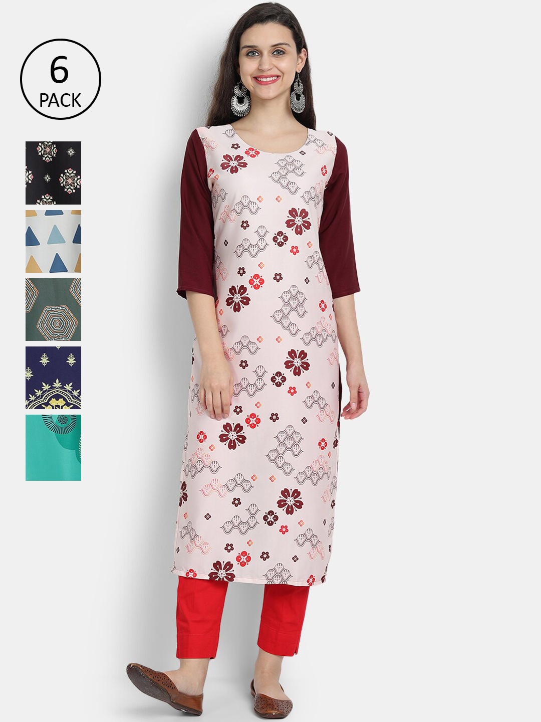 

7Threads Women Pack Of 6 Crepe Kurtas, Multi