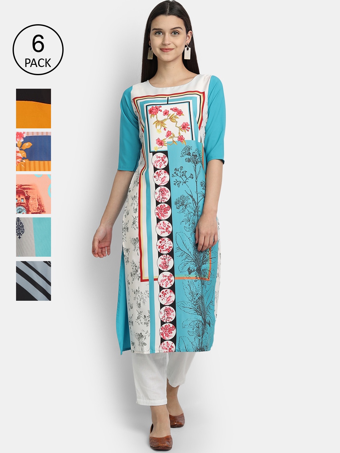 

7Threads Women Multicoloured Pack of 6 Floral Printed Crepe Kurta, Multi
