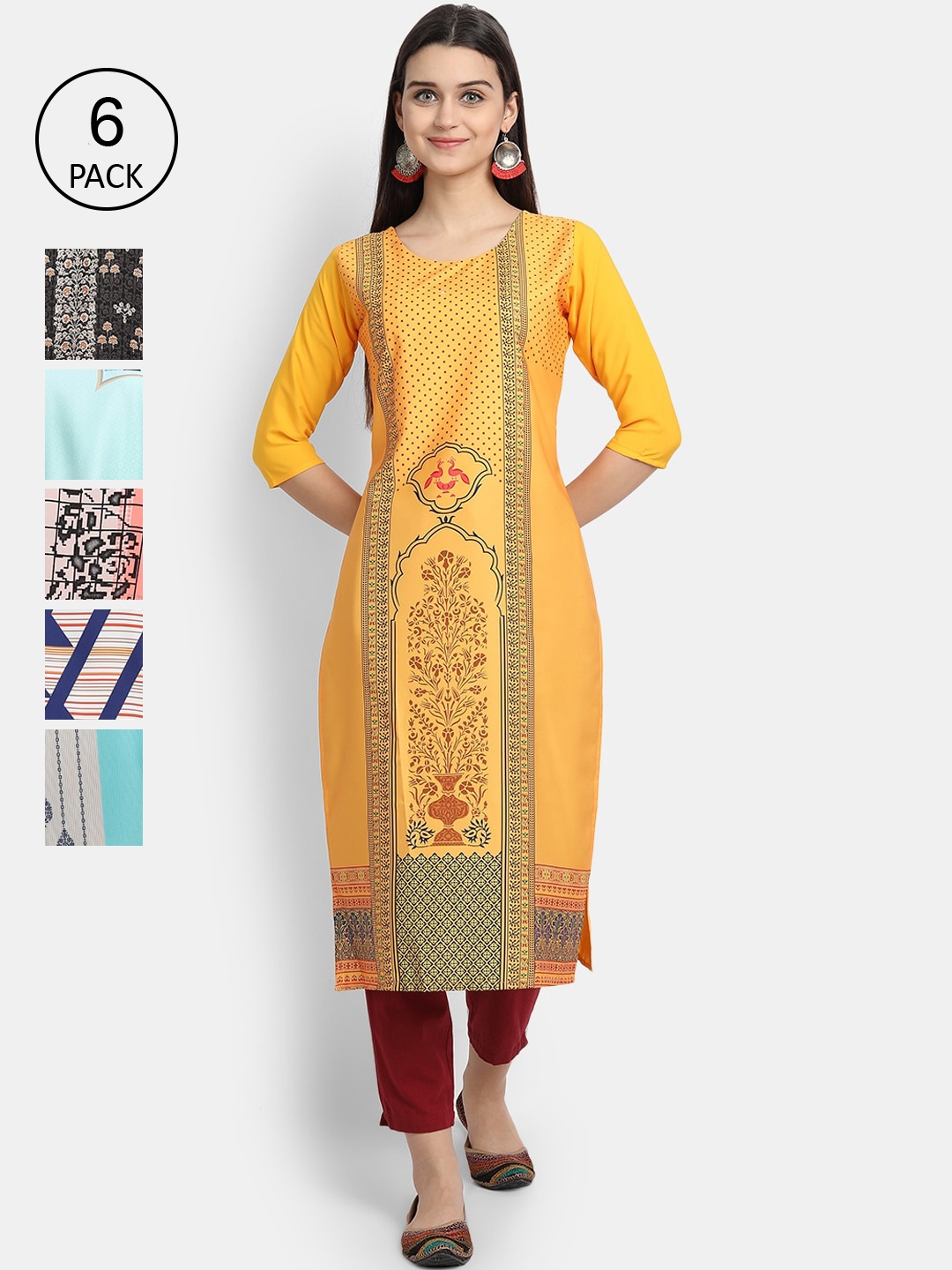

7Threads Women Pack Of 6 Multicoloured Ethnic Motifs Printed Crepe Kurta, Multi