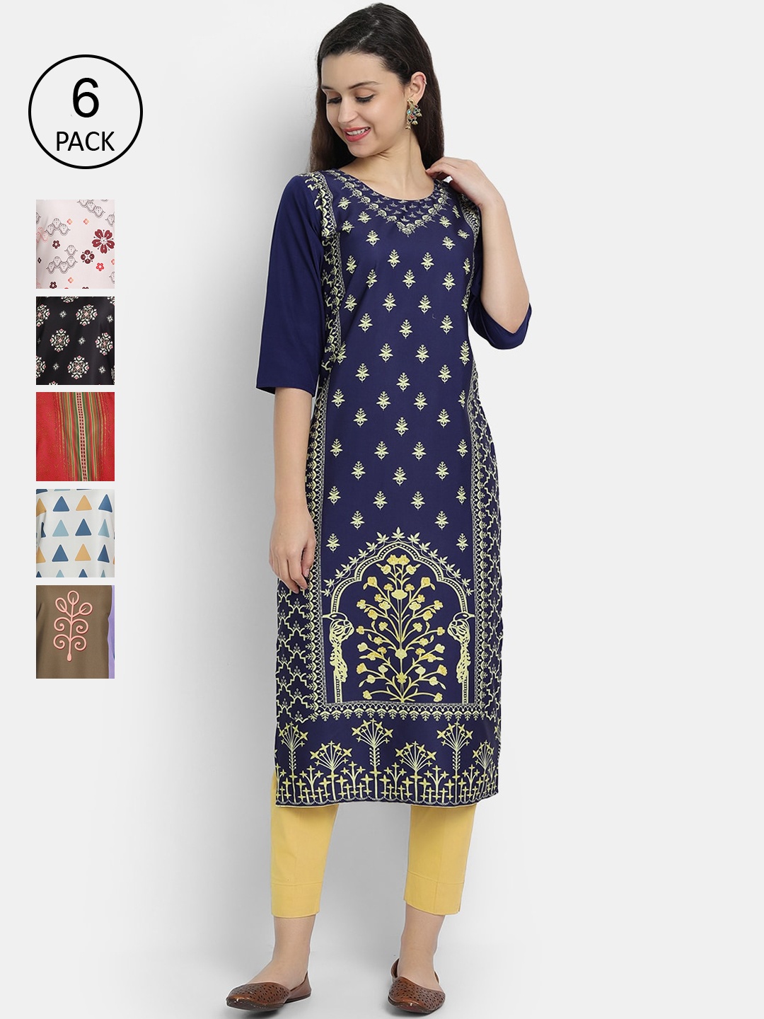 

7Threads Women Pack Of 6 Ethnic Motifs Printed Crepe Kurtas, Multi