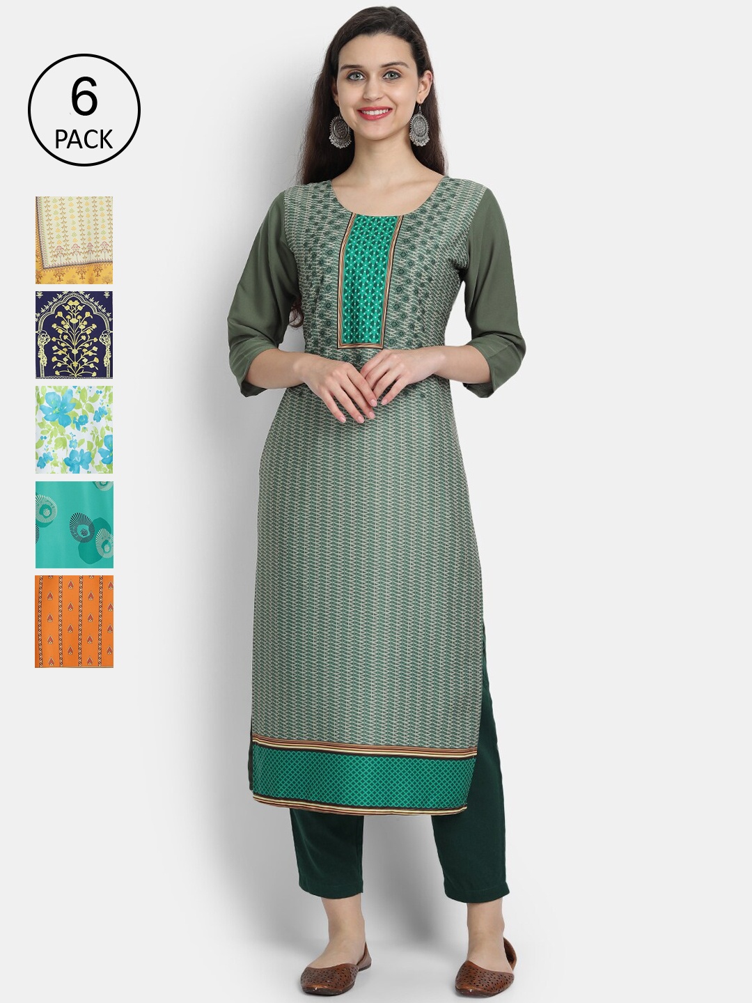 

7Threads Women Pack of 6 Printed Crepe Kurtas, Yellow