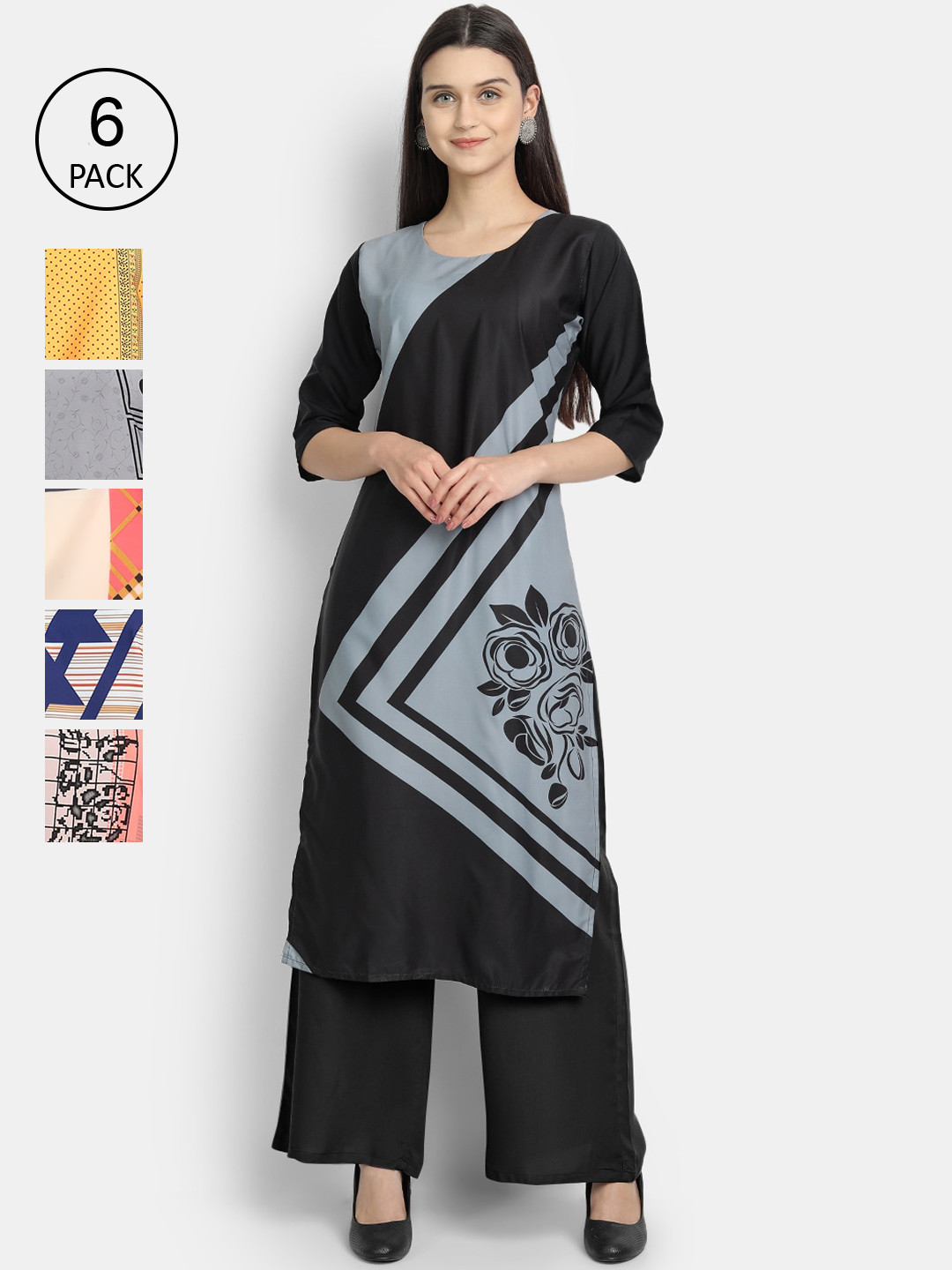 

7Threads Woman Pack of 6 Multicoloured Geometric Crepe Kurta, Multi