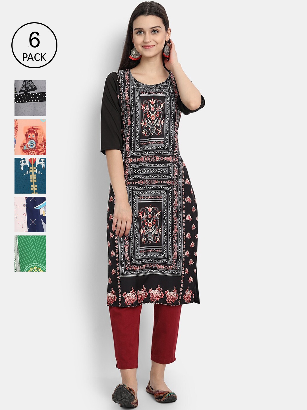 

7Threads Women Pack Of 6 Printed Crepe Kurta, Black