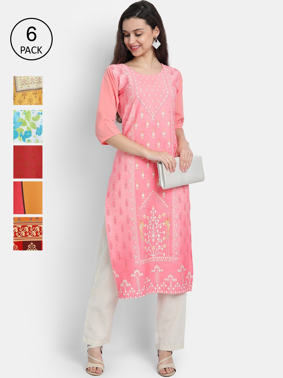 

7Threads Women Pack Of 6 Ethnic Motifs Printed Crepe Kurtas, Multi