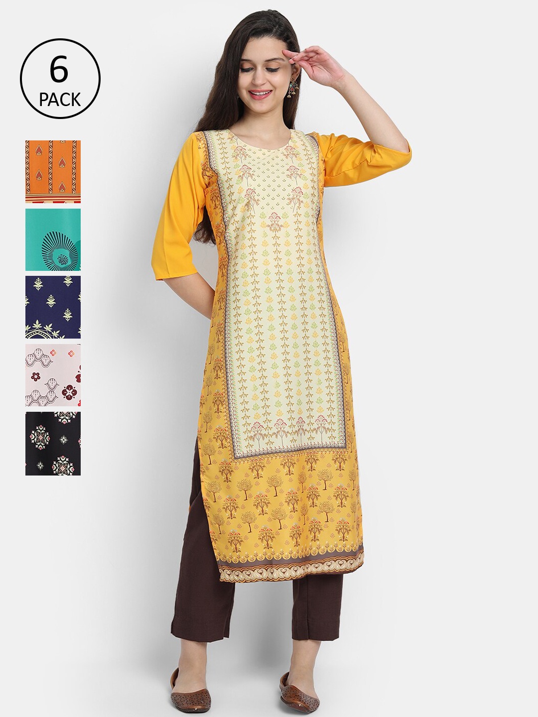 

7Threads Women Multicoloured Pack of 6 Ethnic Motifs Printed Thread Work Crepe Kurta, Multi