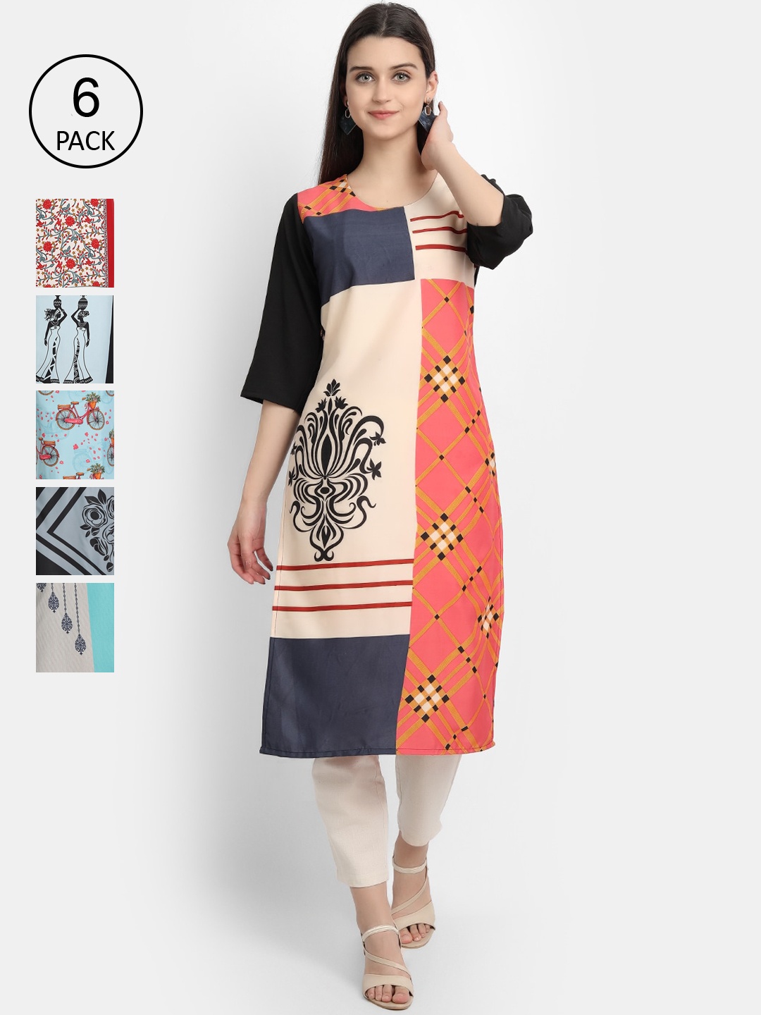 

7Threads Women Pack of 6 Multicoloured Printed Straight Kurta, Multi