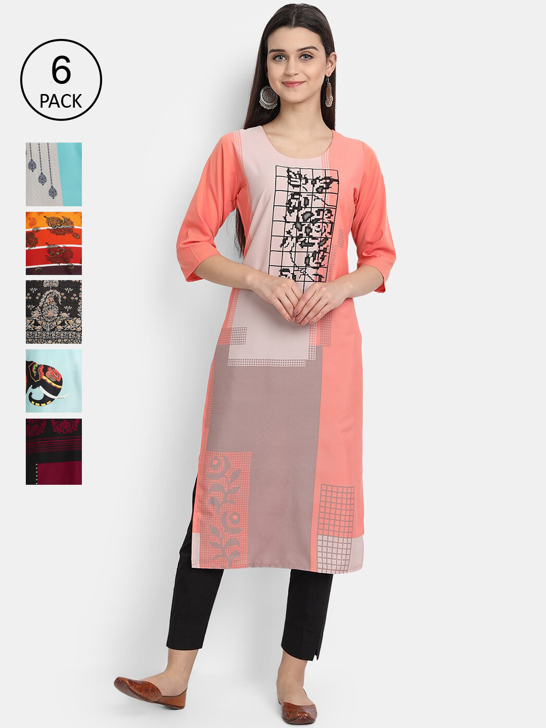 

7Threads Woman Pack of 6 Multicoloured Printed Crepe Kurta, Multi