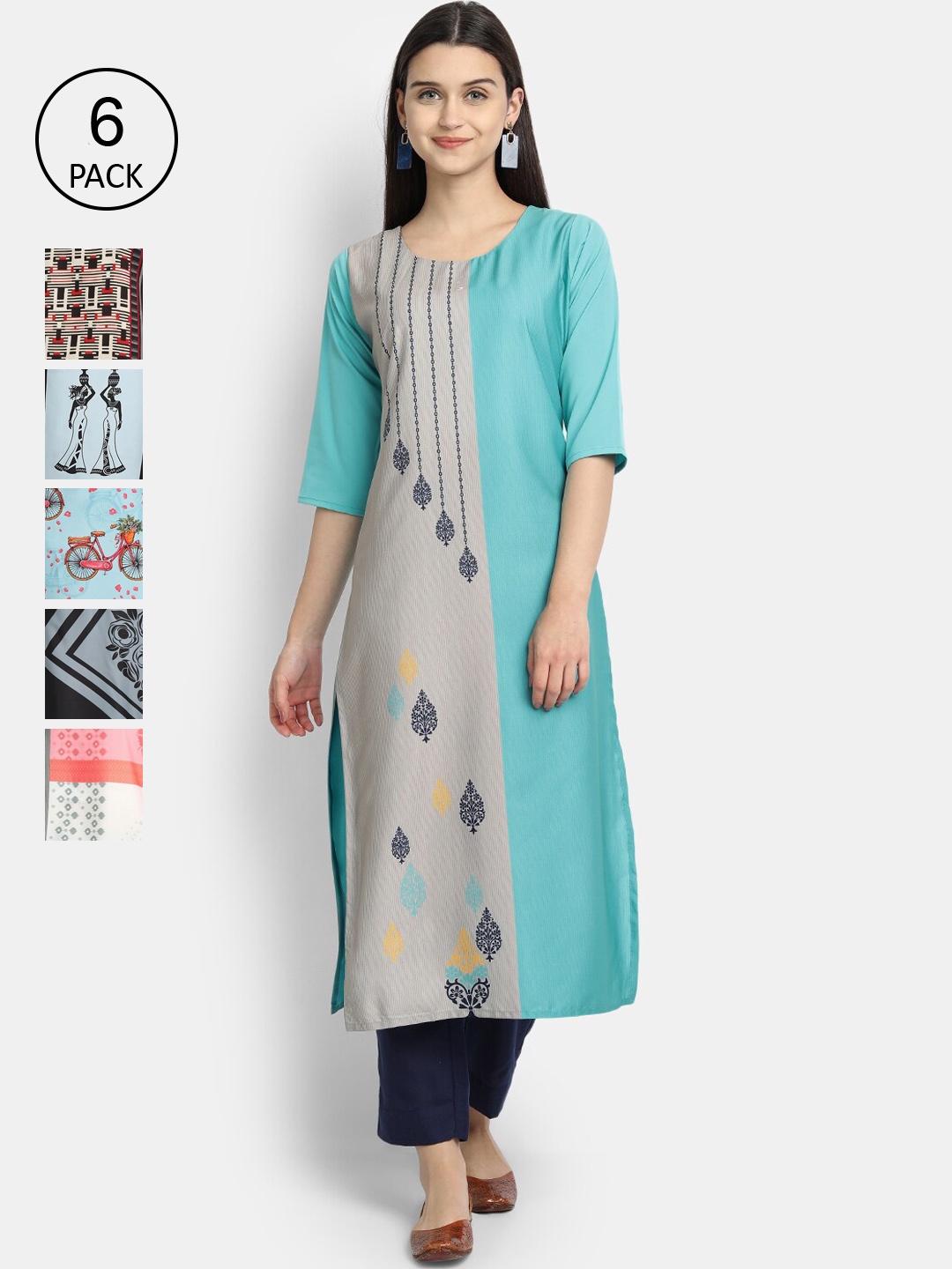 

7Threads Women Pack Of 6 Printed Crepe Kurta, Blue