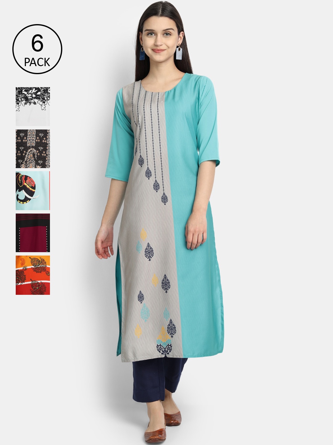 

7Threads Women Pack Of 6 Ethnic Motifs Printed Crepe Kurtas, Multi